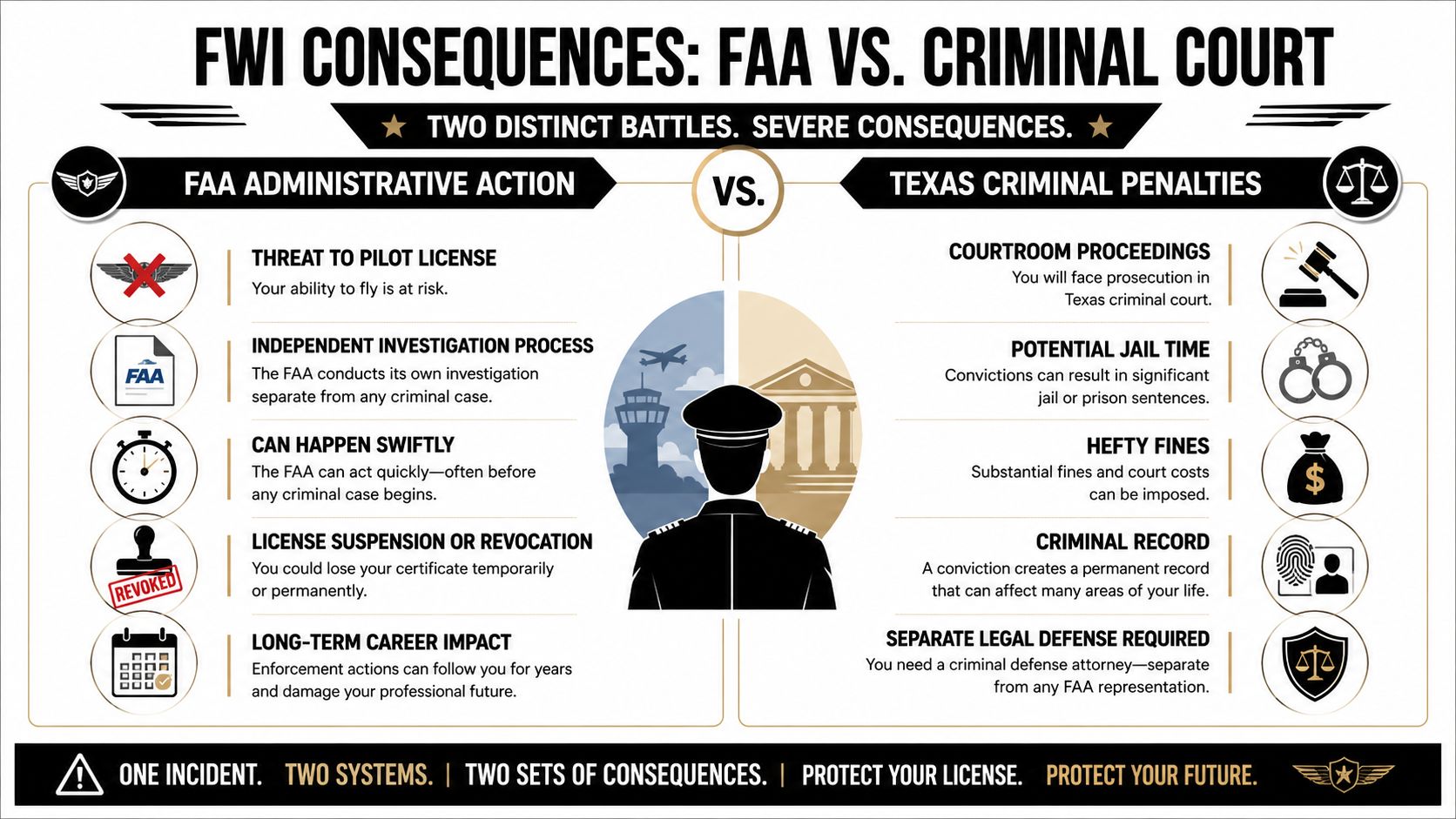 An infographic detailing the differences between FAA administrative actions and Texas criminal penalties for flying while intoxicated.