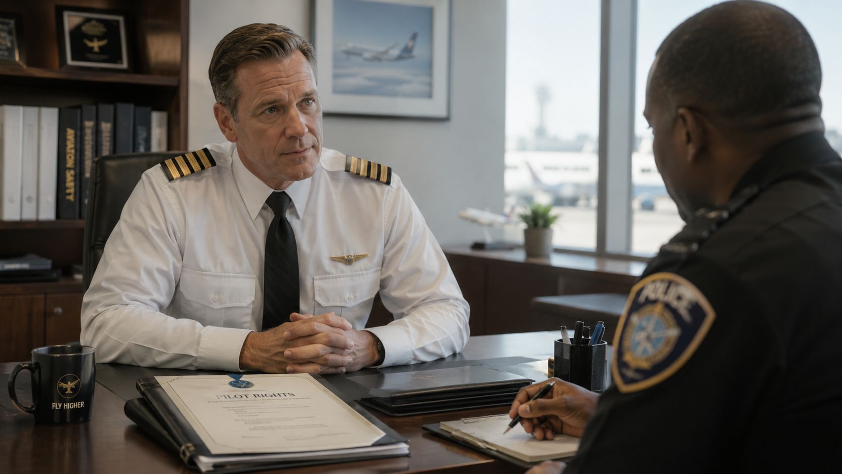 A uniformed pilot and a police officer having a professional conversation in an office setting.