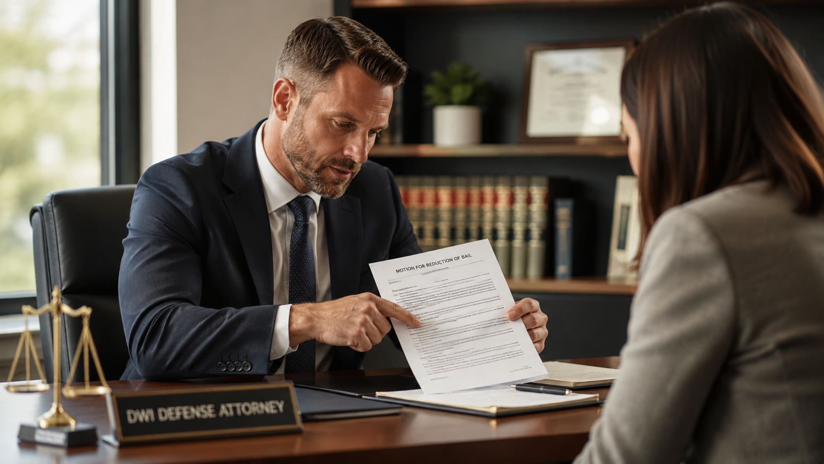 A professional DWI defense attorney reviewing a motion for reduction of bail with a client in an office.