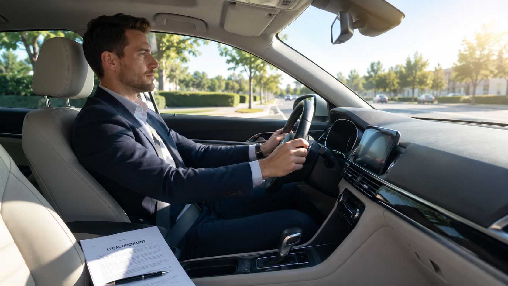 A professional man in a business suit driving a car with a legal document on the passenger seat.