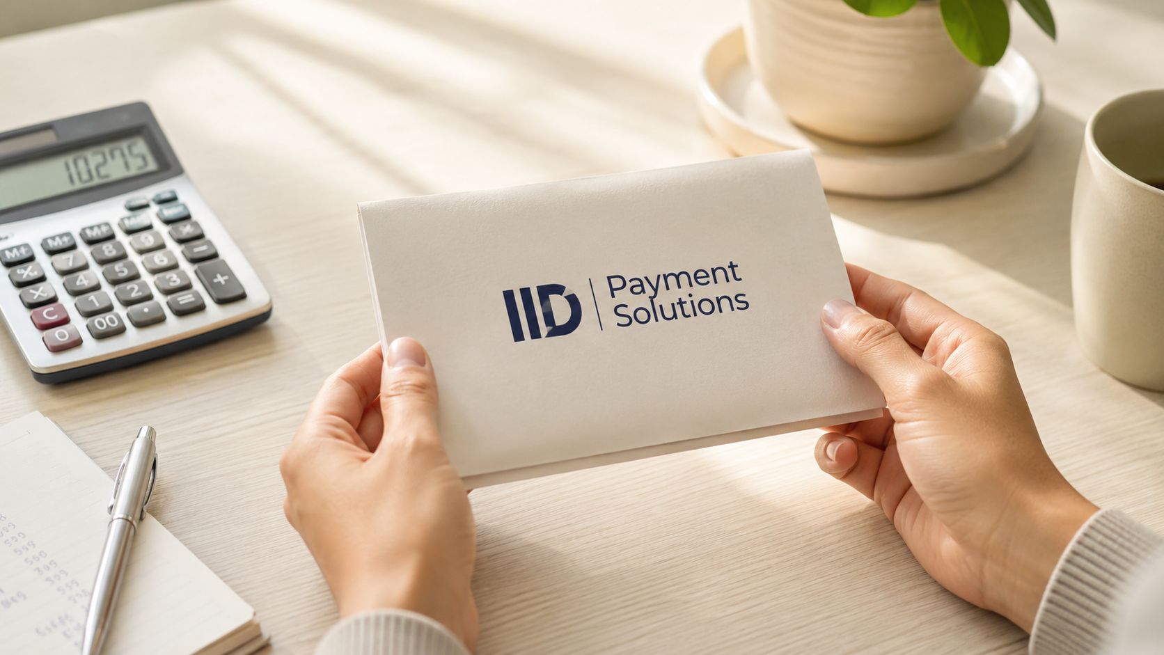 A person holds a white envelope with the IID Payment Solutions logo in a professional office setting.
