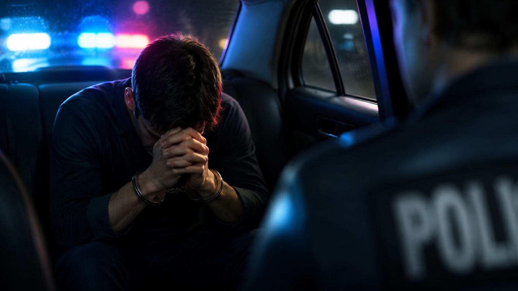 A handcuffed person sits in the backseat of a police car with flashing blue and red lights.