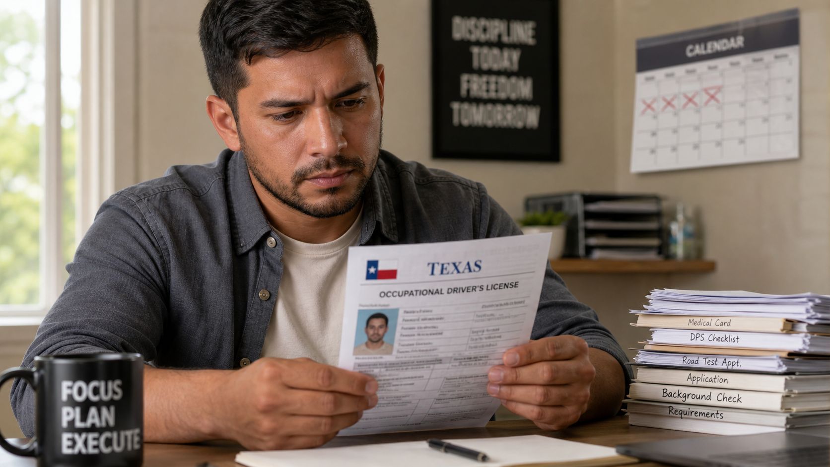 A focused man sitting at a desk reviewing his Texas Occupational Driver's License document with paperwork.