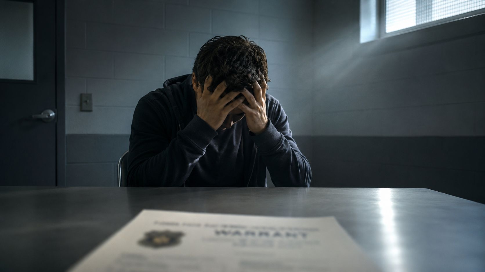 A distressed man sits at a table in an interrogation room with a warrant document before him.