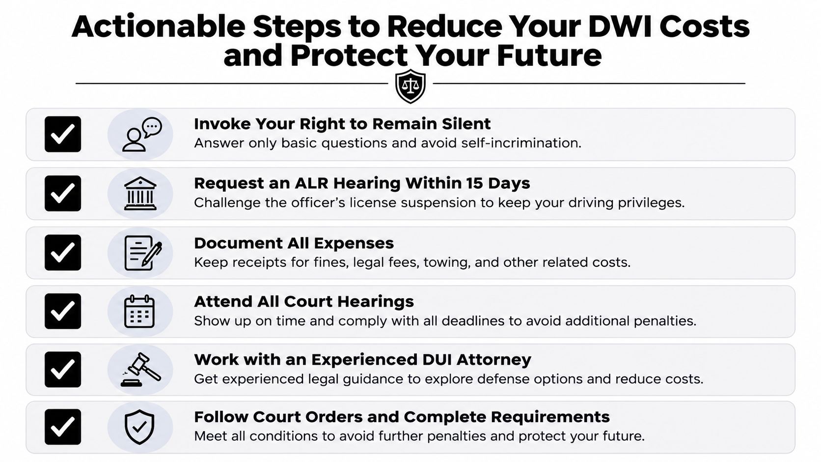 A list of six actionable steps to reduce DWI costs and protect your legal future.