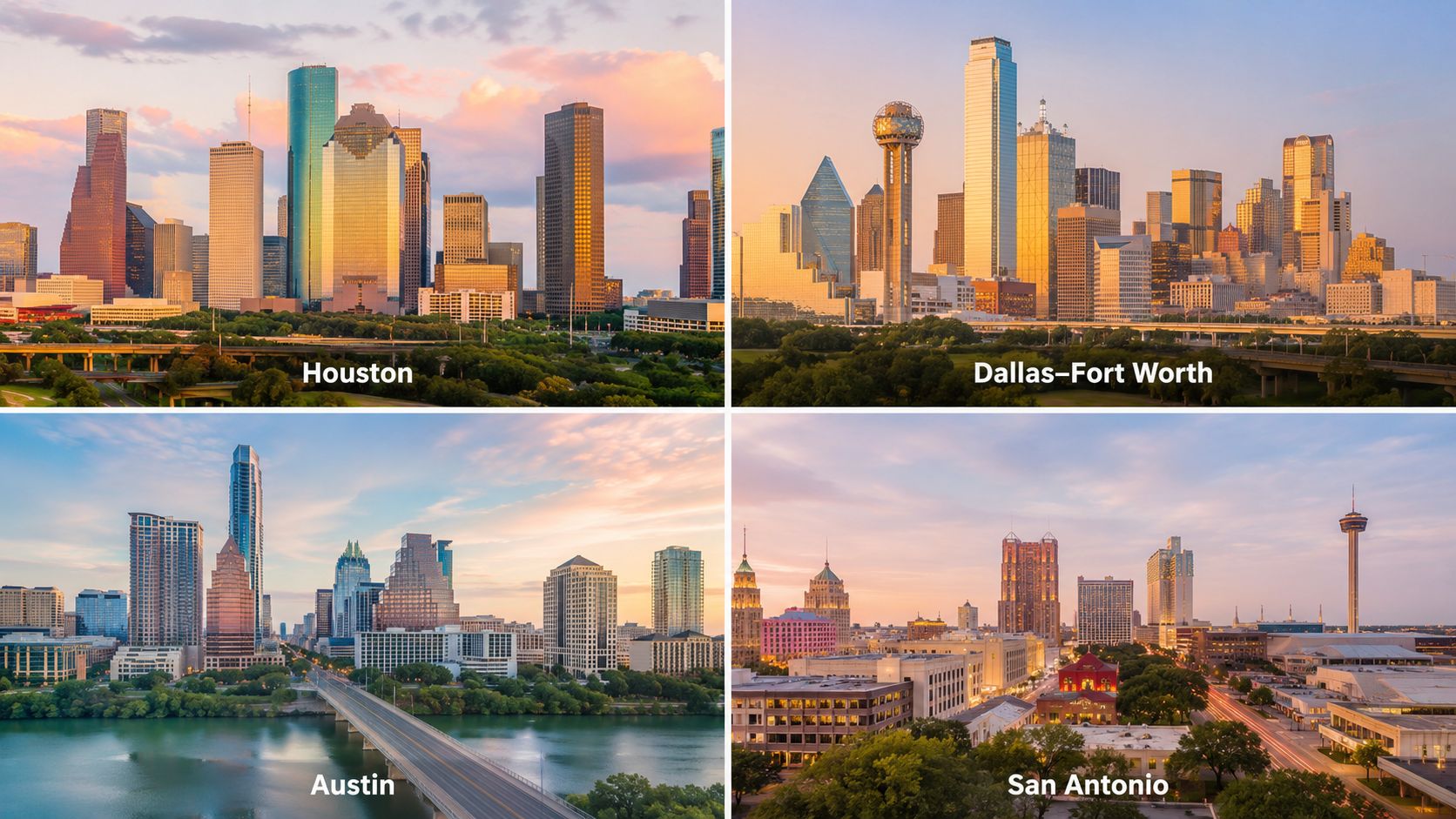 A composite view featuring the skylines of Houston, Dallas-Fort Worth, Austin, and San Antonio, Texas.
