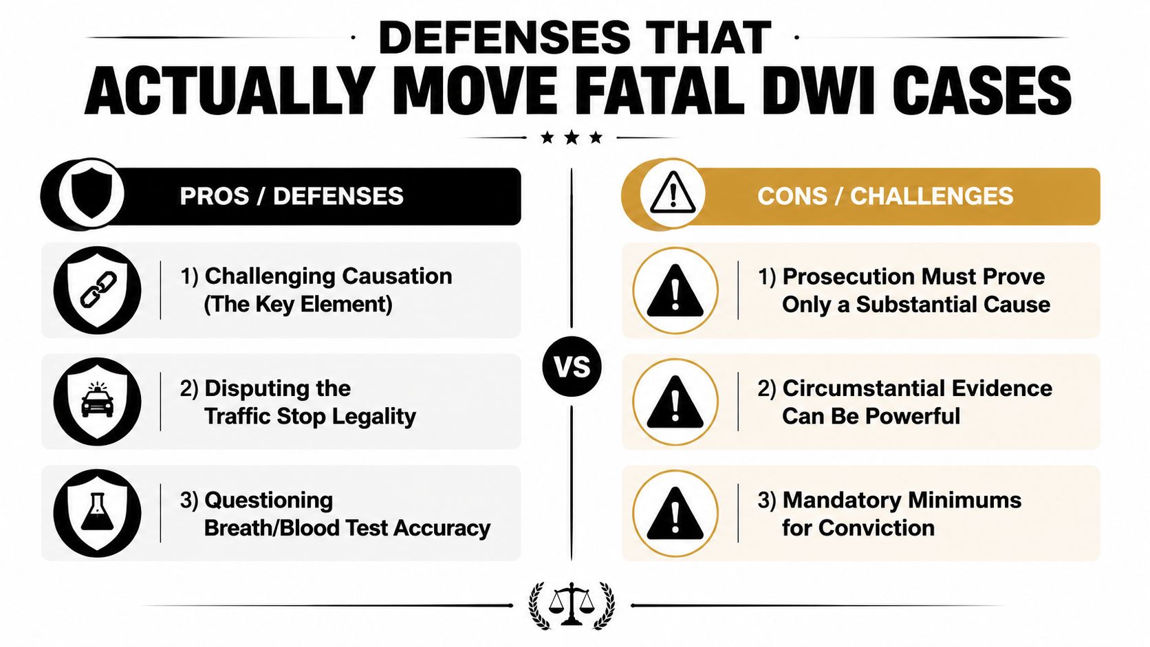 A comparison chart outlining legal defense strategies versus prosecution challenges in fatal DWI court cases.