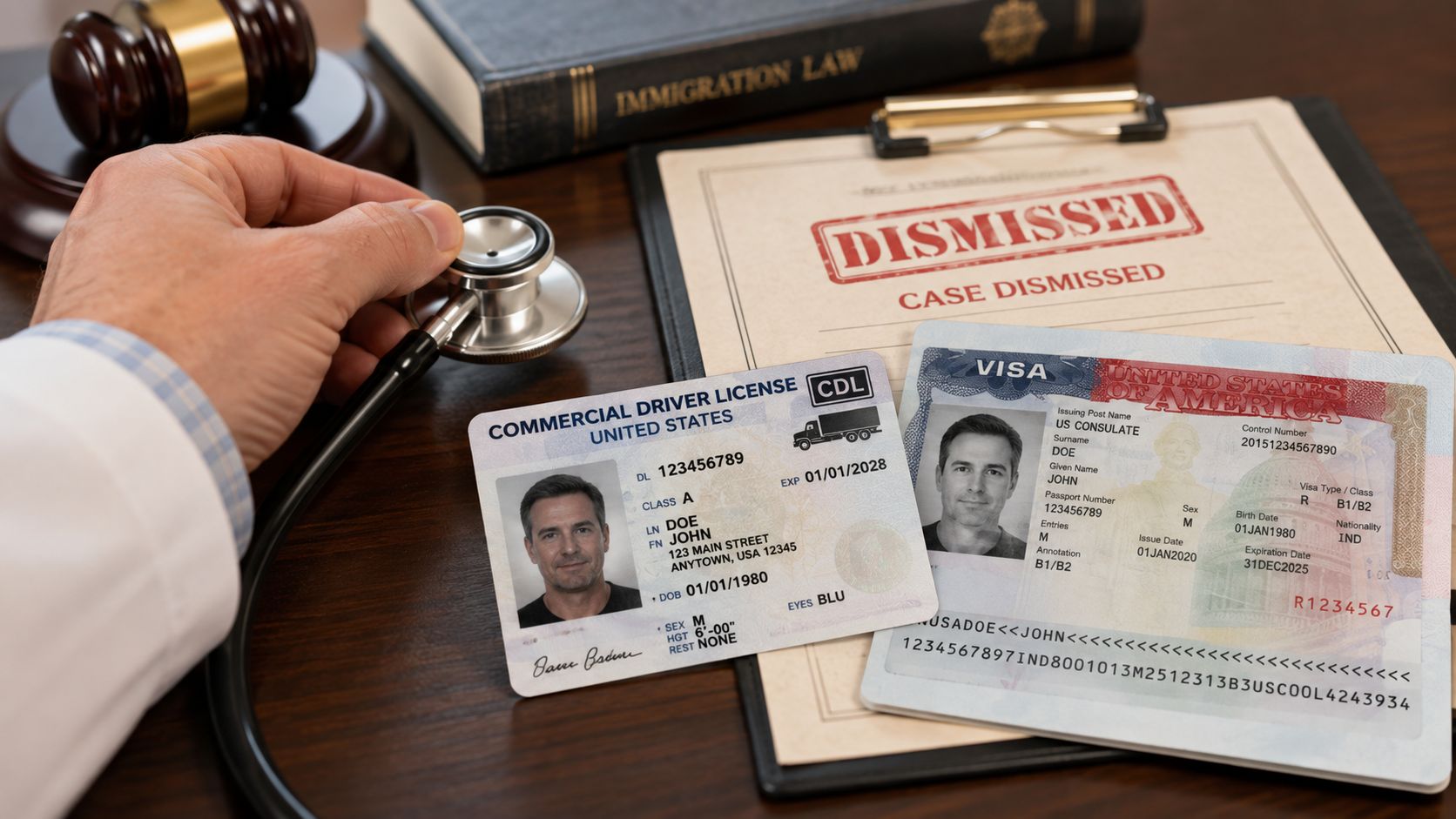 A stethoscope rests near a commercial driver's license, a US visa, and a dismissed legal case file.