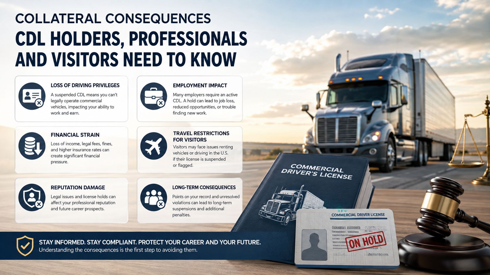 A professional infographic about the collateral consequences of CDL license suspension, showing a semi-truck and gavel.