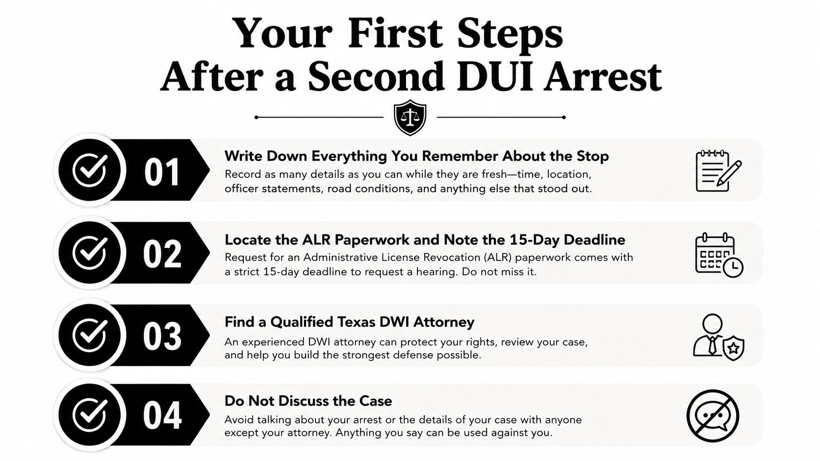 An infographic titled Your First Steps After a Second DUI Arrest outlining four essential legal action steps.