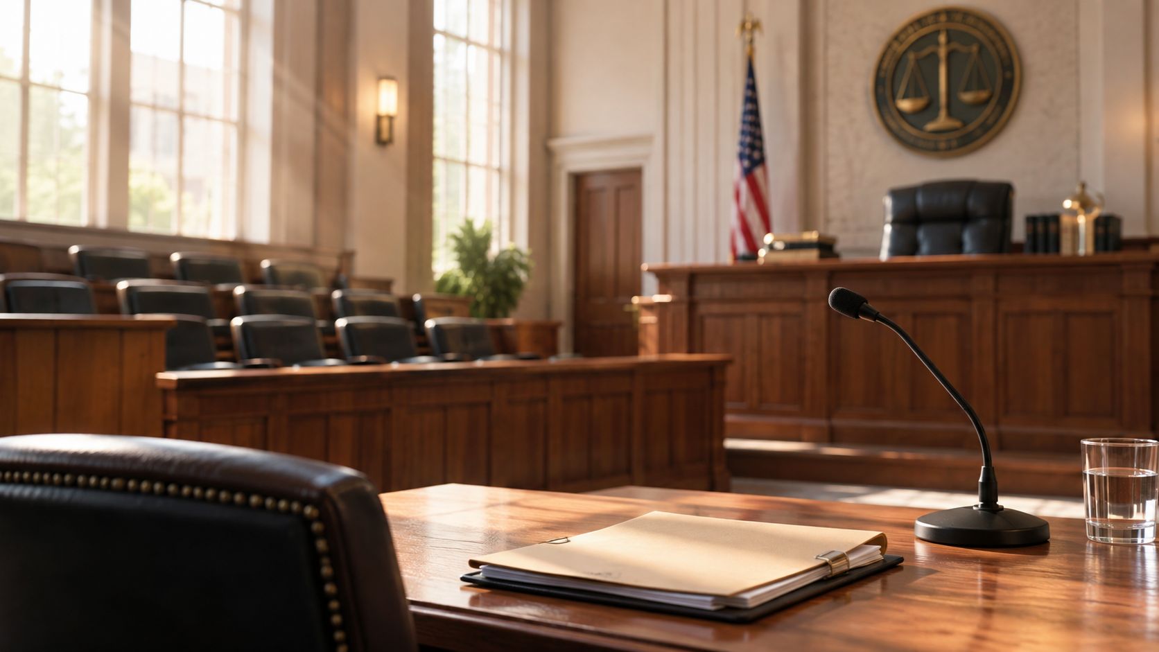An empty, traditional courtroom with a witness stand, judge's bench, and a microphone on a wooden table.