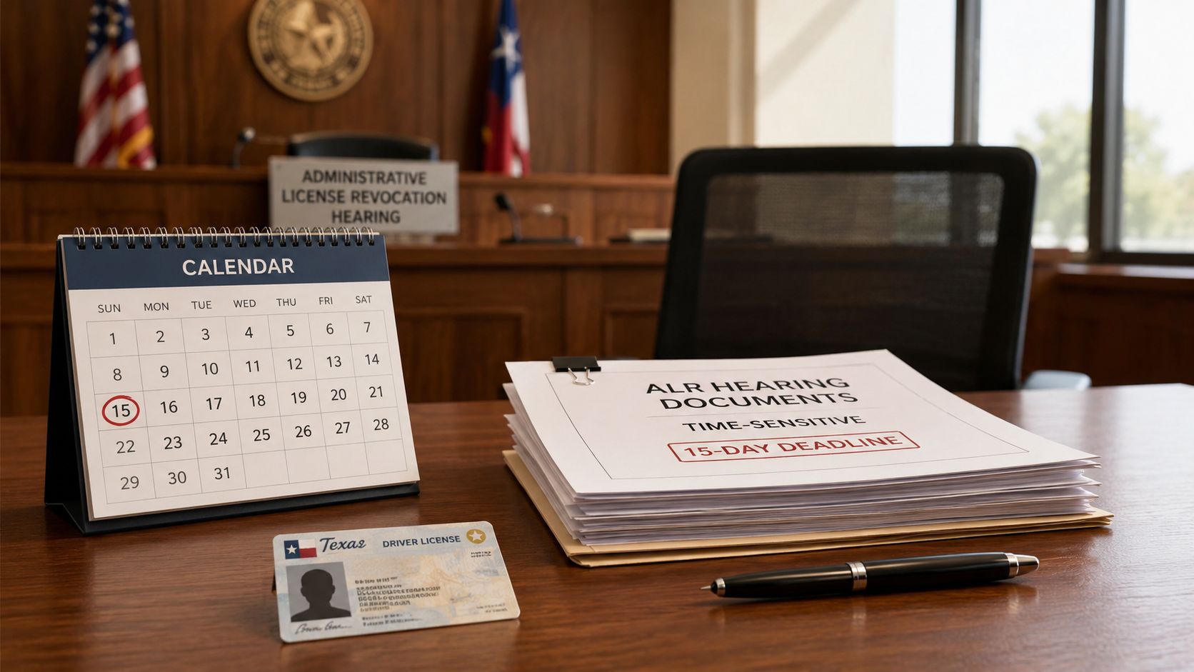 A Texas driver license on a desk with a calendar showing a deadline for ALR hearing documents.