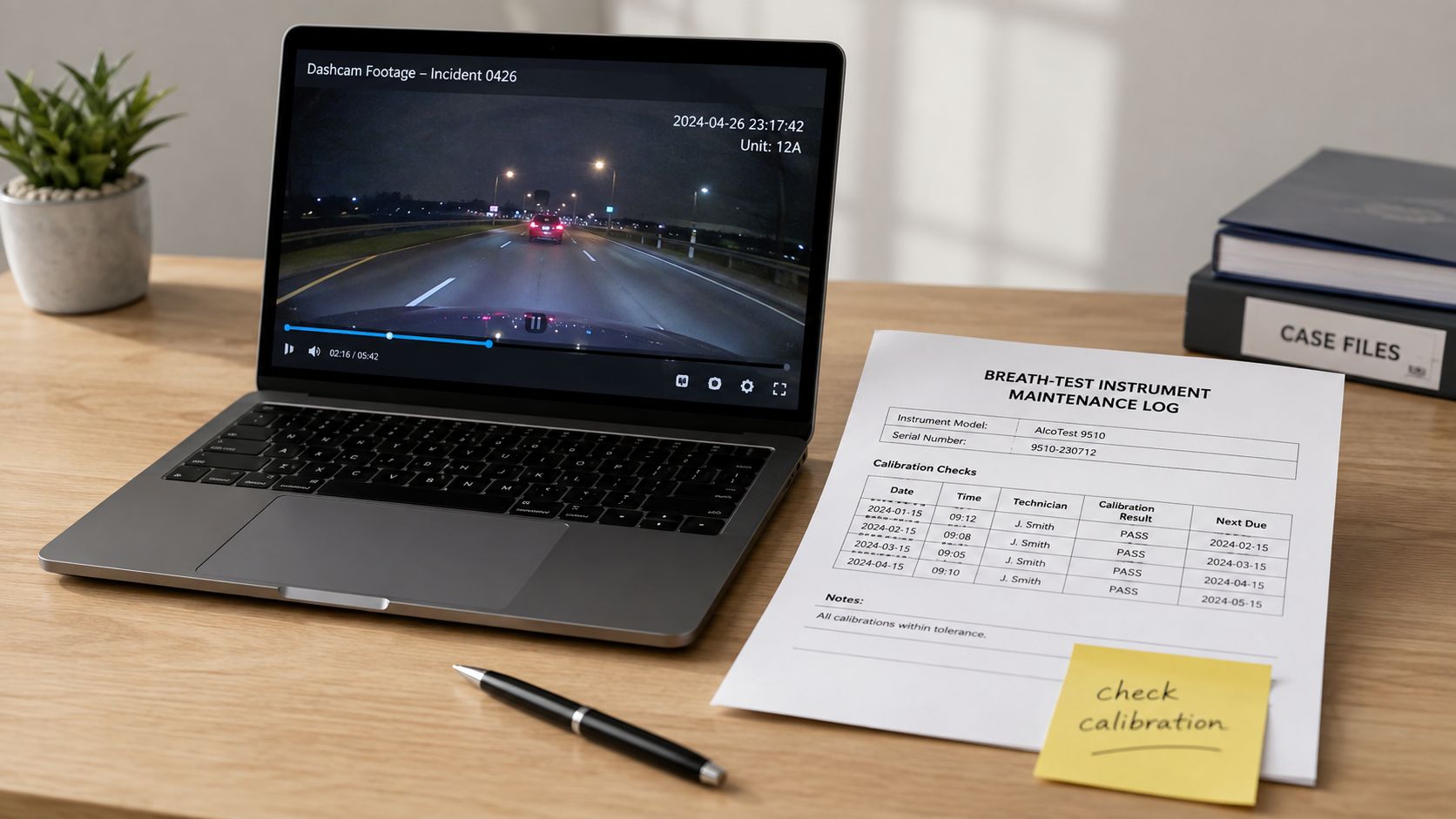 A laptop displaying dashcam footage sits on a wooden desk next to a breath-test maintenance log.