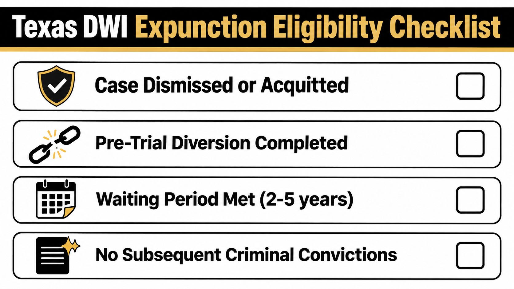 A checklist for Texas DWI expunction eligibility listing legal requirements like case dismissal and waiting periods.