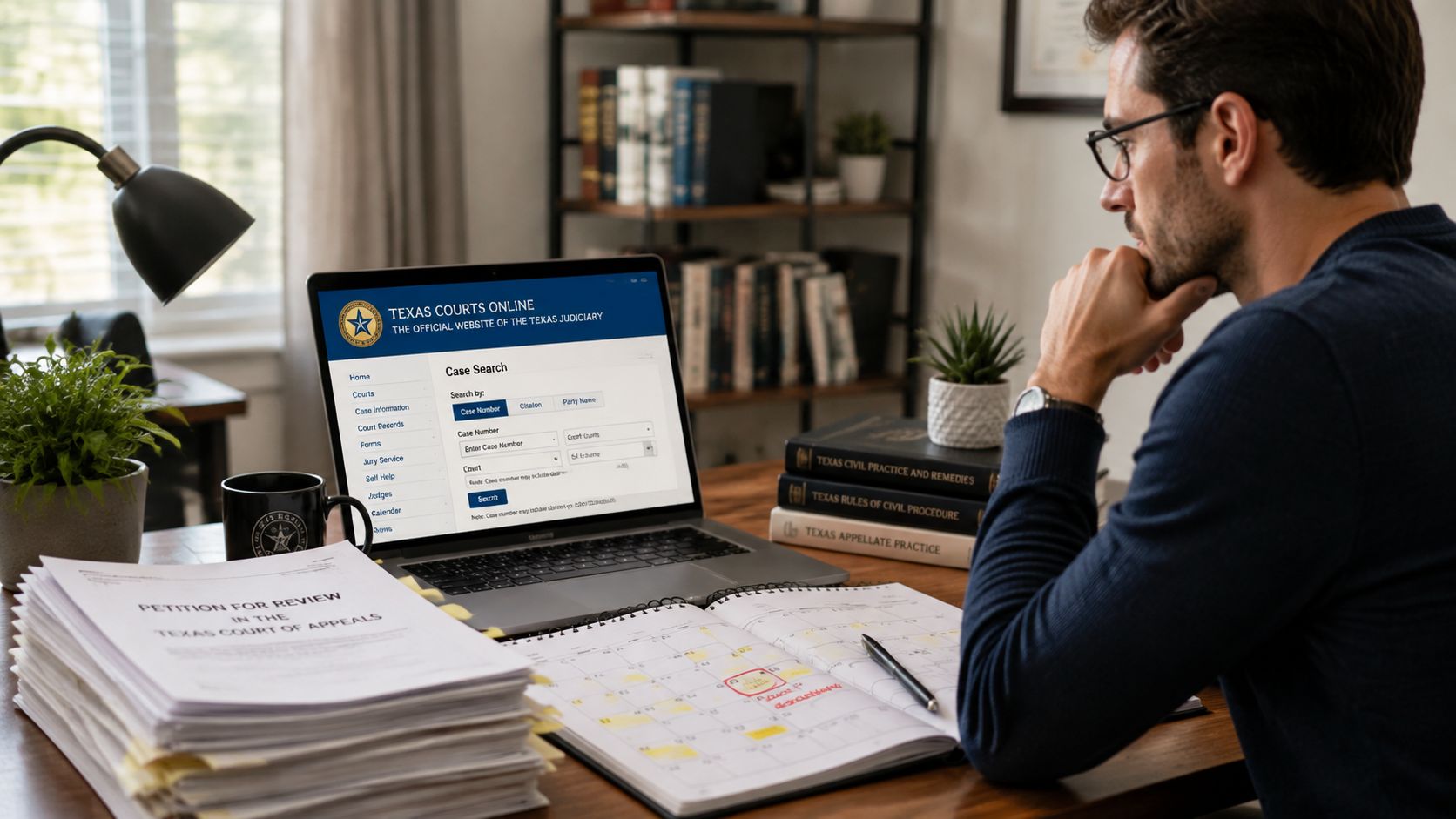 A professional man sitting at a desk reviewing legal documents and searching for Texas court case records.