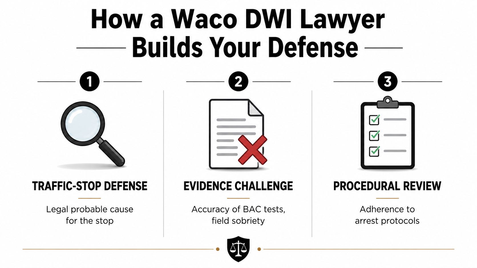 A graphic showing three steps a Waco DWI lawyer takes to build a legal defense for clients.
