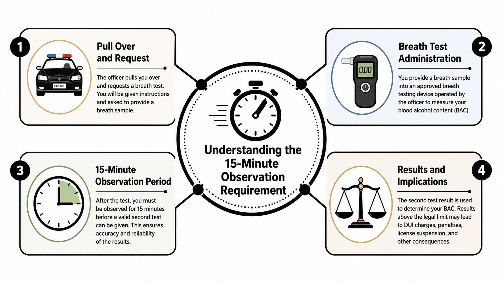 An infographic detailing the four-step process for a breath test, including the required 15-minute observation period.