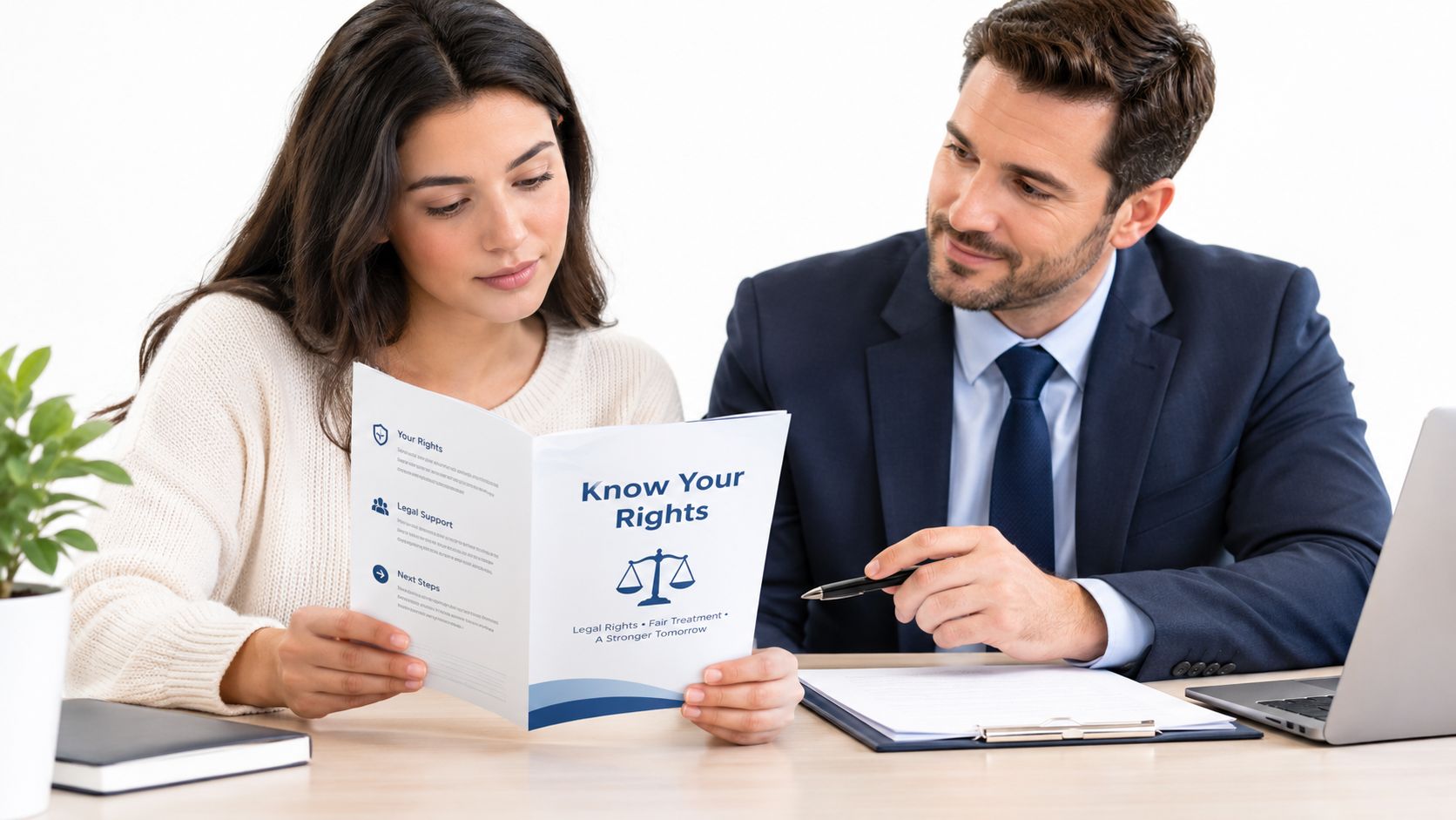 A professional attorney explaining legal documentation to a female client during a legal consultation office meeting.