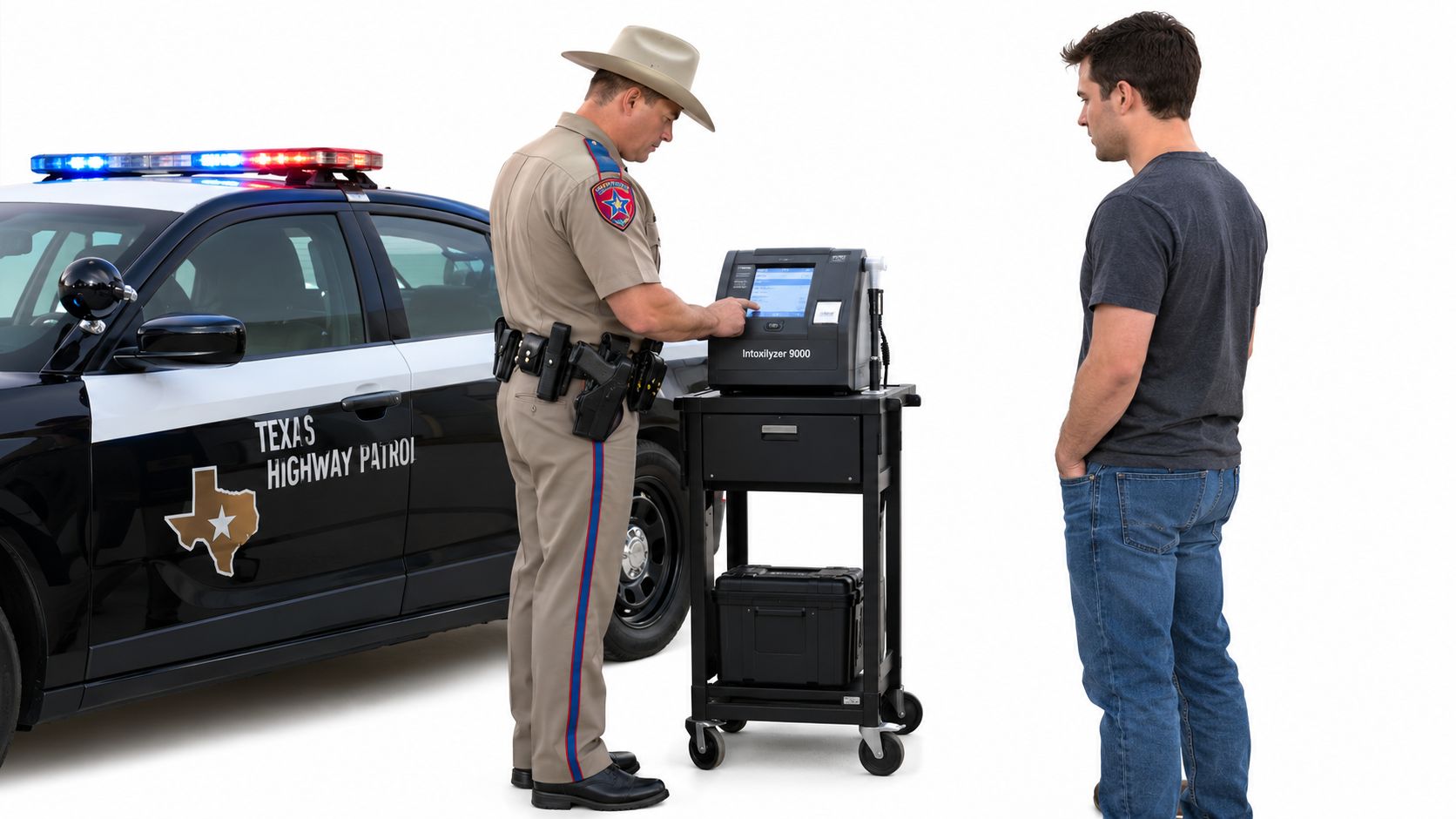 A Texas Highway Patrol officer prepares an Intoxilyzer 9000 breathalyzer machine while a man stands nearby.