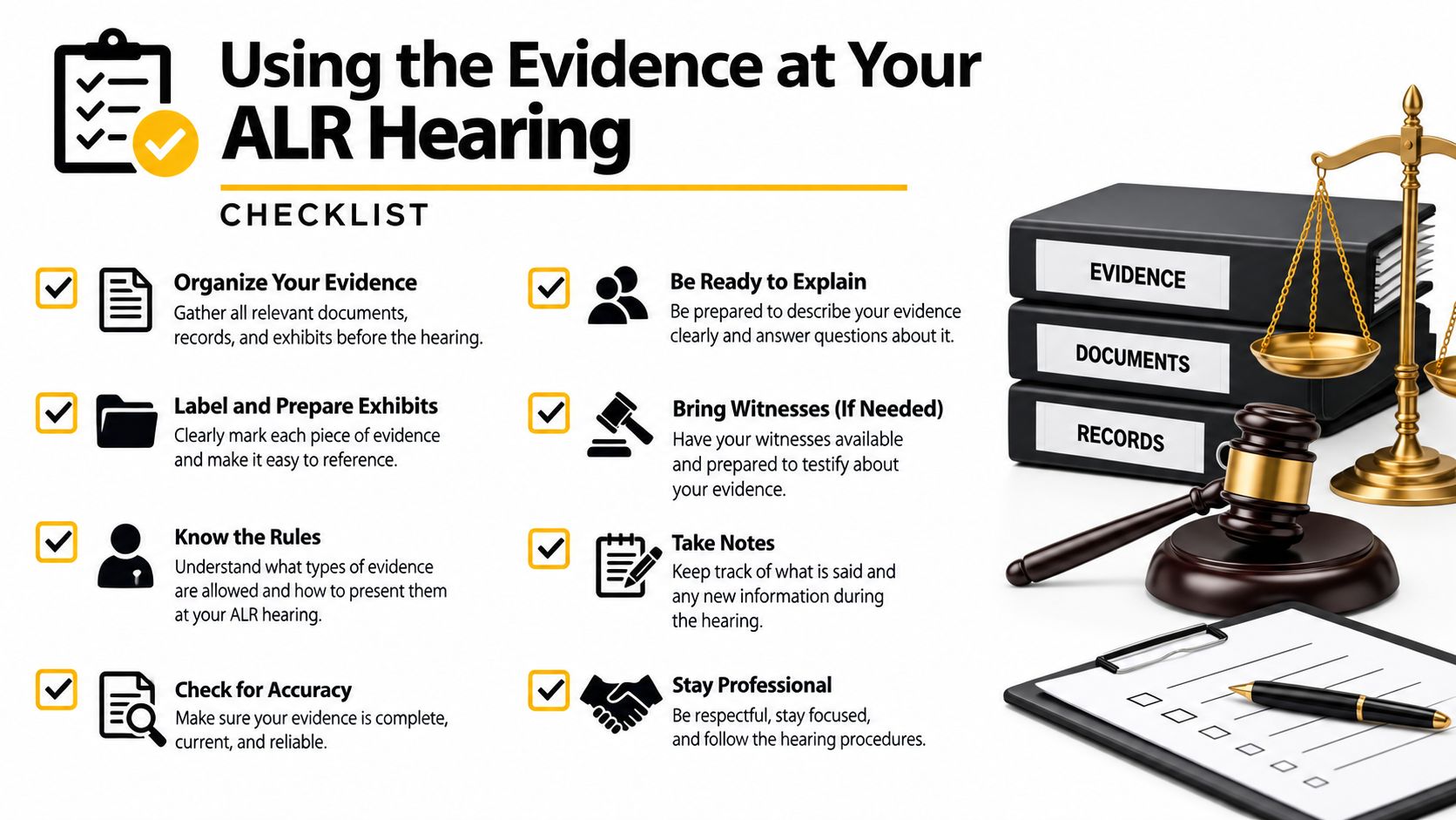 An infographic checklist for organizing and presenting evidence during an ALR administrative license revocation hearing.