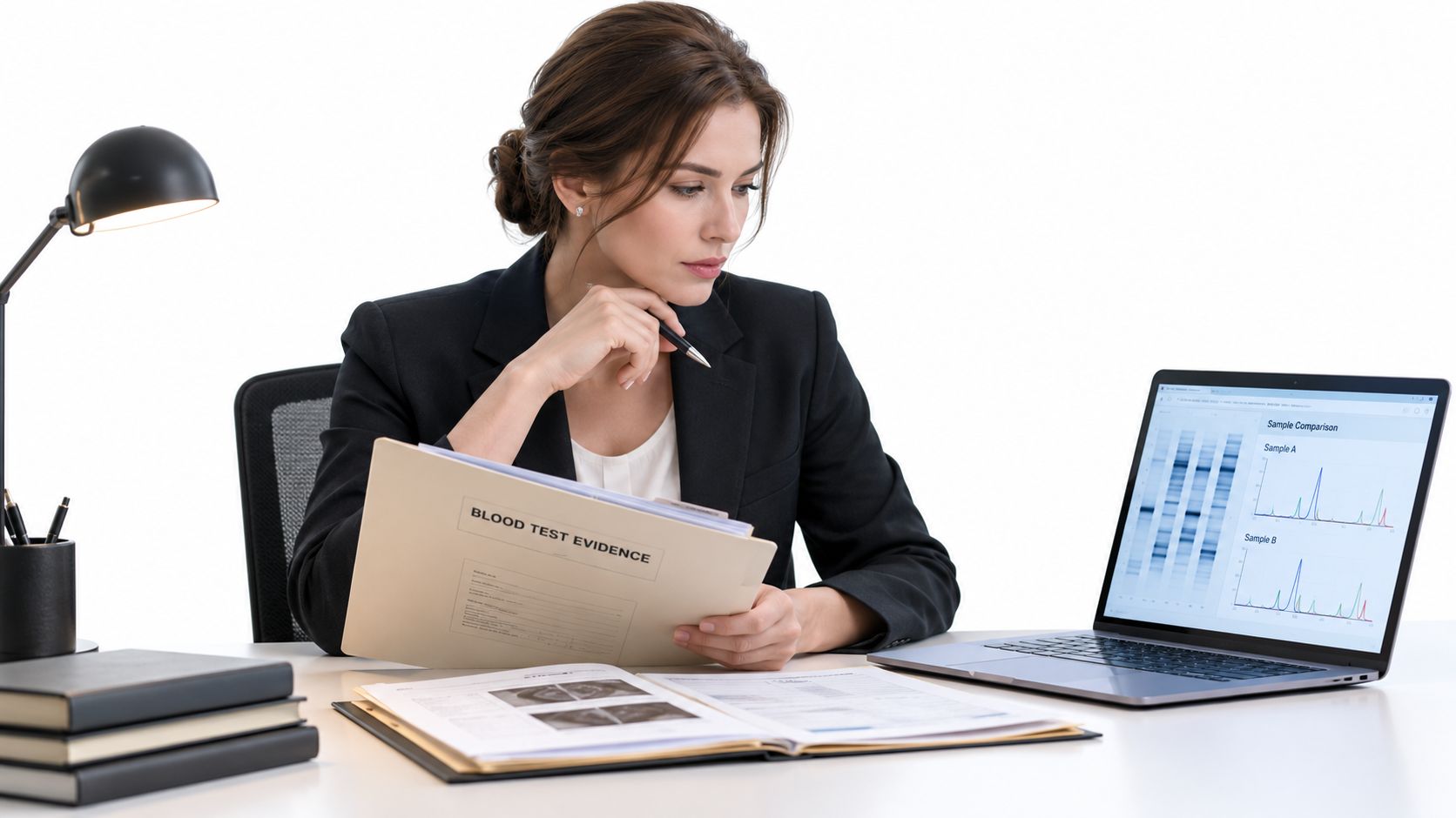 A professional female investigator examining blood test evidence documents and computer data at her office desk.