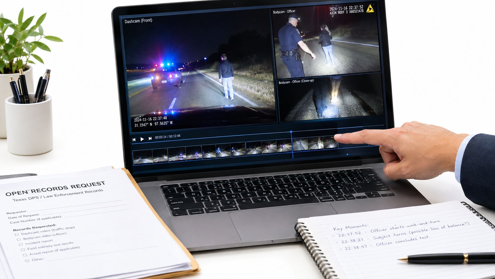 A person reviewing law enforcement dashcam and bodycam footage of a field sobriety test on a laptop.